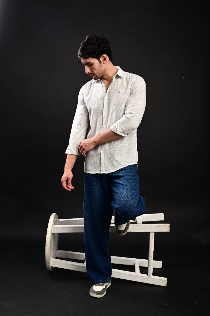 STAGBEETLE Light Green Striped Cotton Shirt For Men view 4