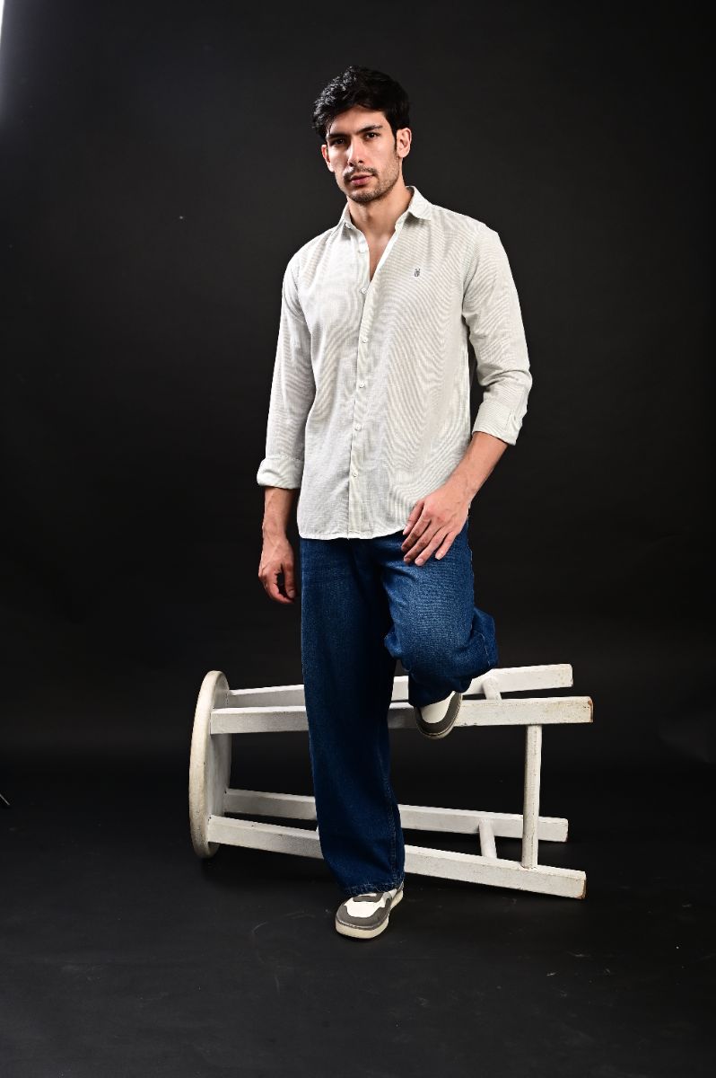 STAGBEETLE Light Grey Striped Cotton Shirt For Men view 4