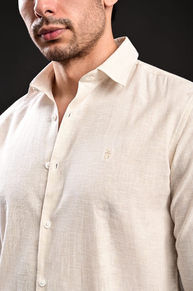 STAGBEETLE Cream Beige Striped Cotton Shirt For Men view 2