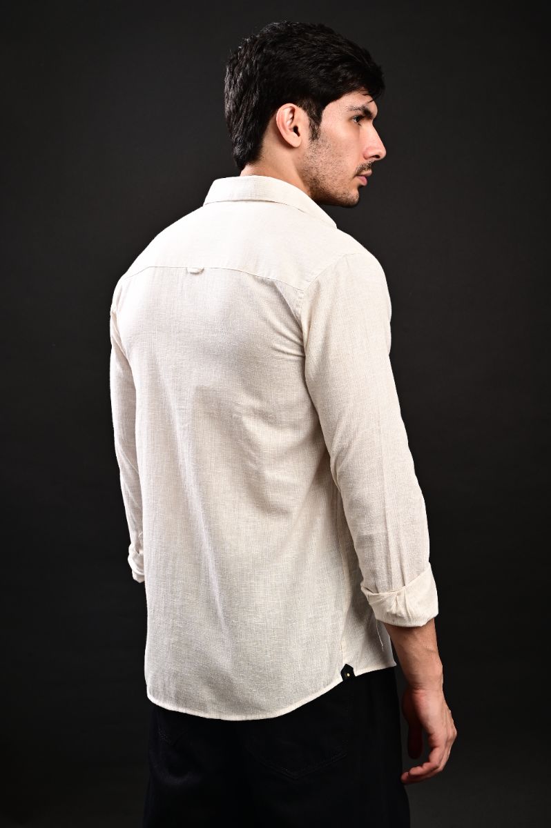 STAGBEETLE Cream Beige Striped Cotton Shirt For Men view 3