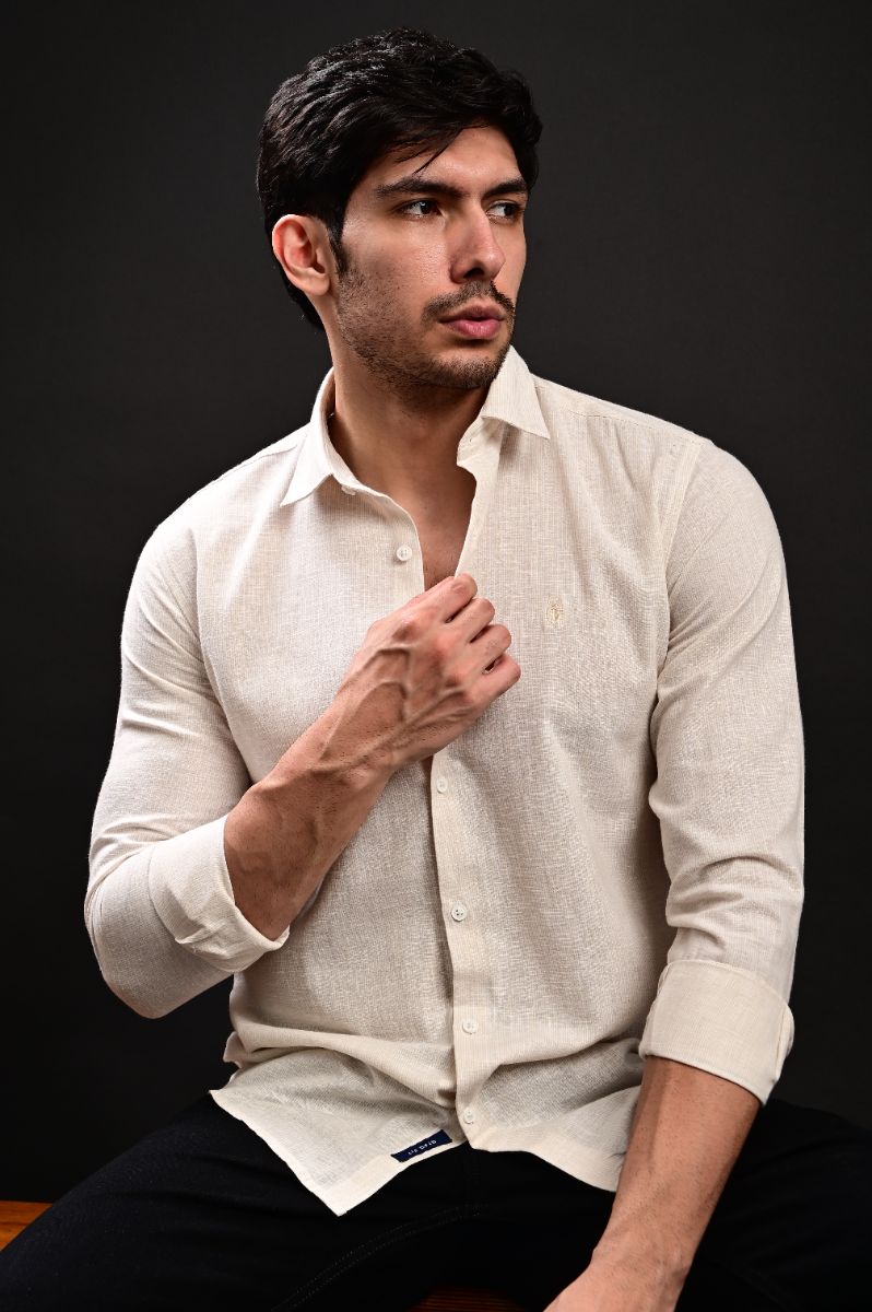 STAGBEETLE Cream Beige Striped Cotton Shirt For Men
