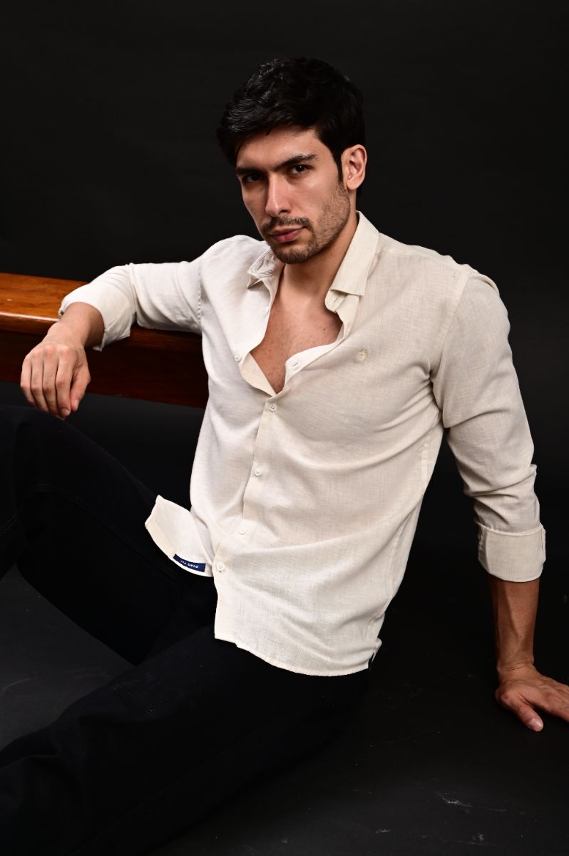 STAGBEETLE Cream Beige Striped Cotton Shirt For Men view 4