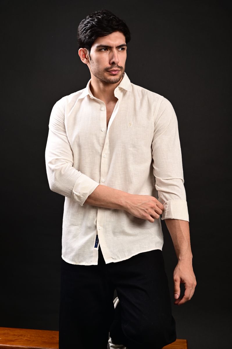 STAGBEETLE Cream Beige Striped Cotton Shirt For Men view 5