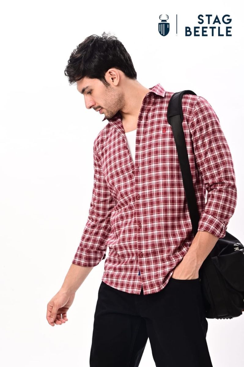 Rich Burgundy Check Cotton Shirt view 3