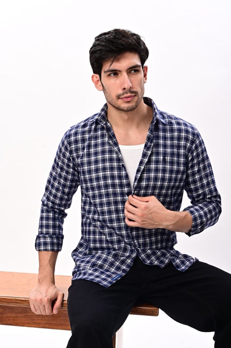 Classic Navy Blue Check Cotton Shirt