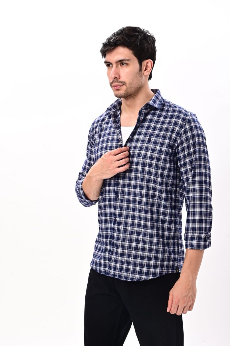 Classic Navy Blue Check Cotton Shirt view 4