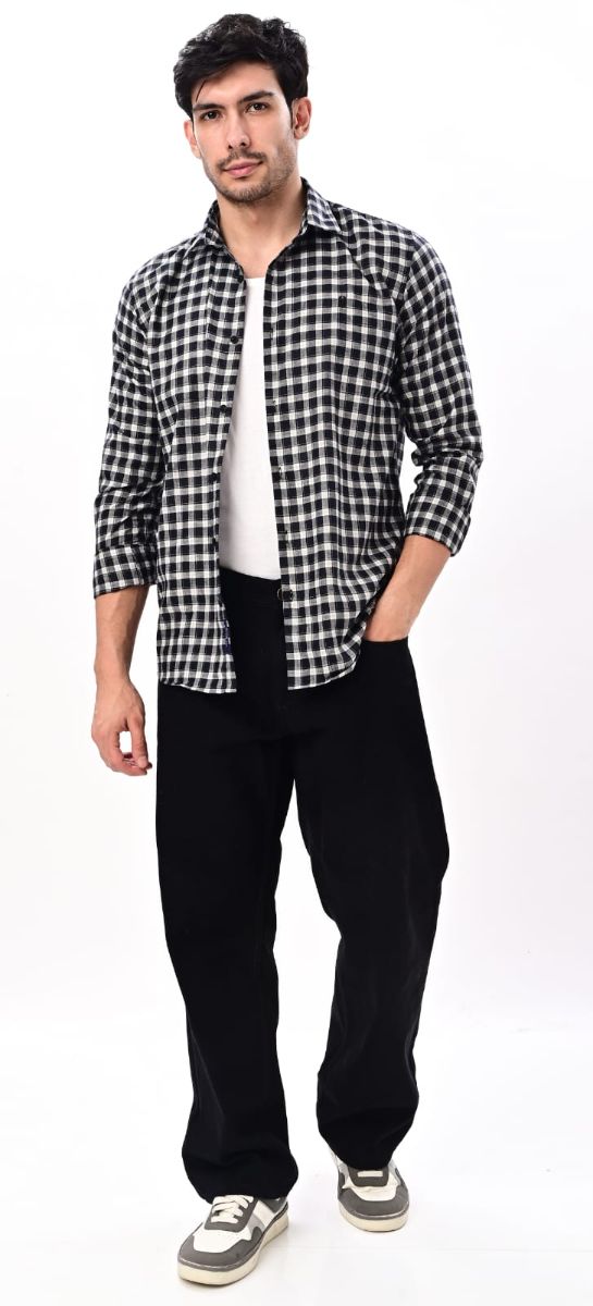 Classic Black & White Cotton Check Shirt view 4