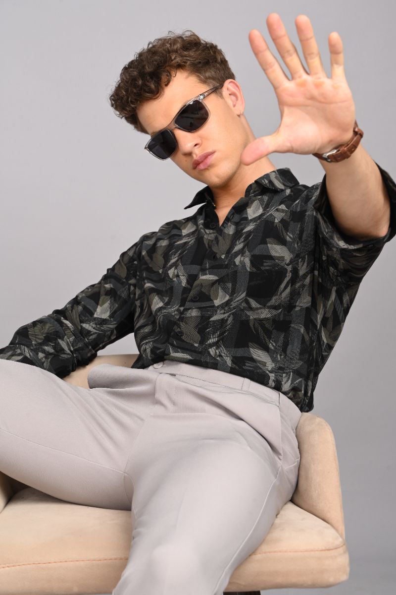 Stagbeetle Premium Charcoal Black Printed Rayon Shirt view 2