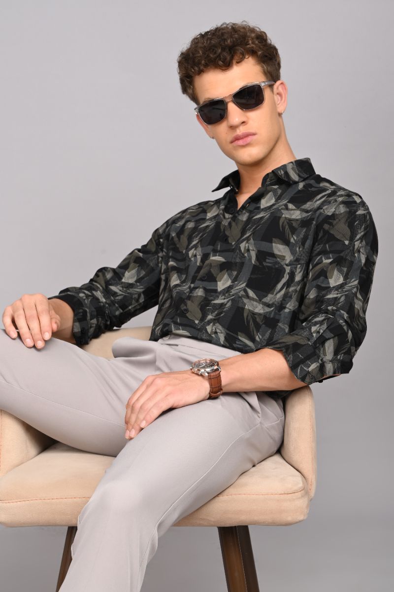 Stagbeetle Premium Charcoal Black Printed Rayon Shirt view 5