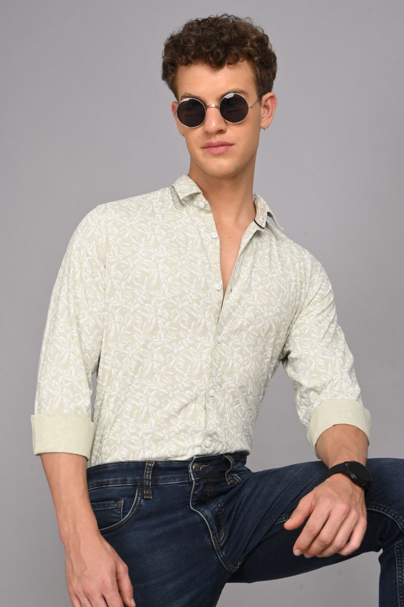 Stagbeetle Premium Sage Green Printed Rayon Shirt