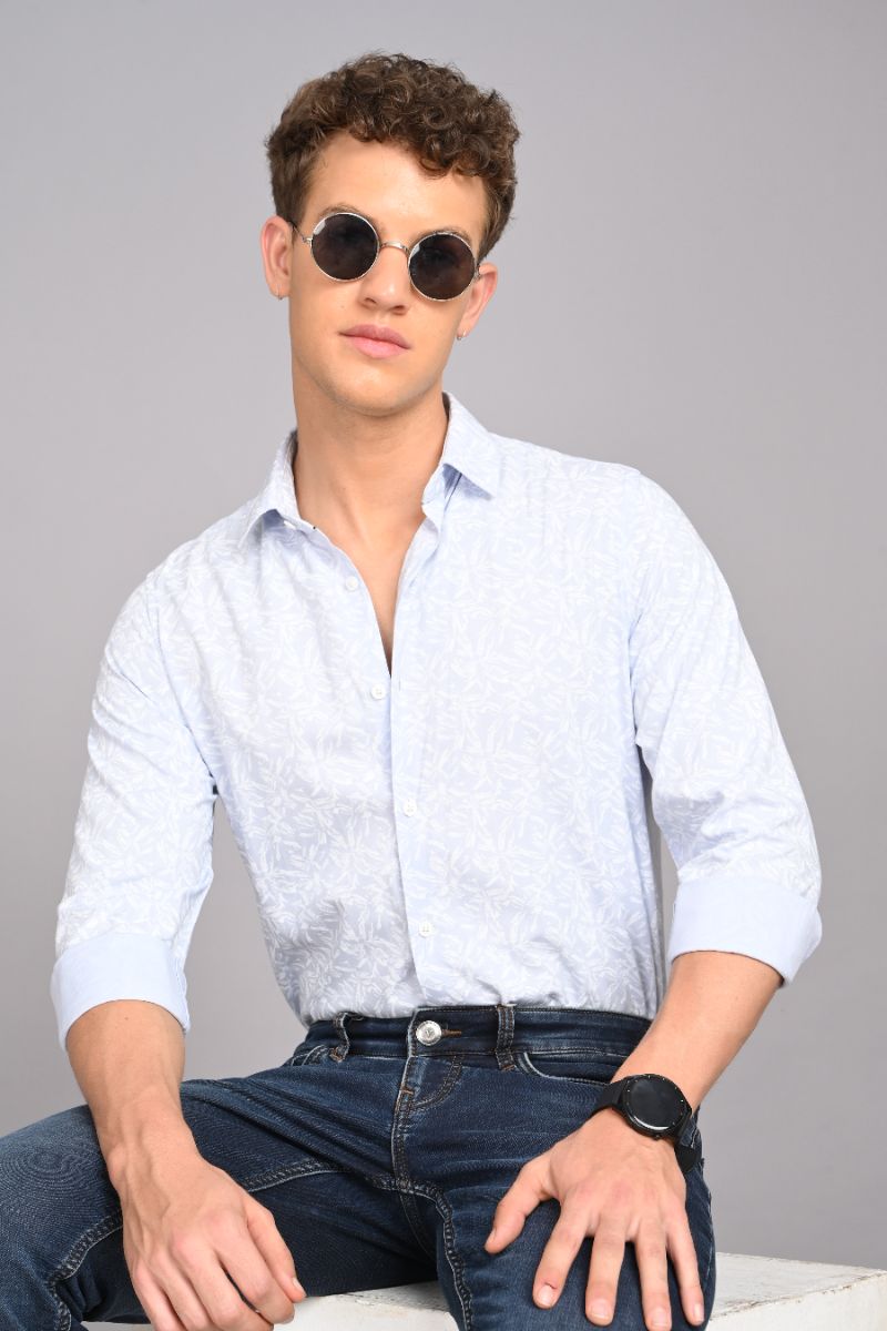 Stagbeetle Premium Ice Blue Printed Rayon Shirt