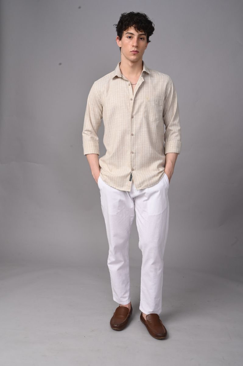 Stagbeetle Premium Cream Thin-Stripe Cotton Blend Full-Sleeve Shirt