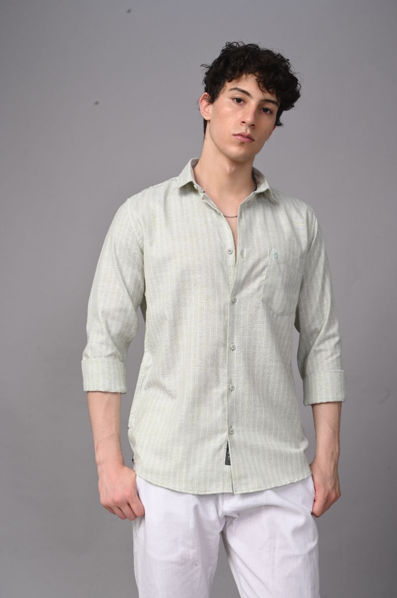 Stagbeetle Premium Pista Green Thin-Stripe Cotton Blend Full-Sleeve Shirt view 3