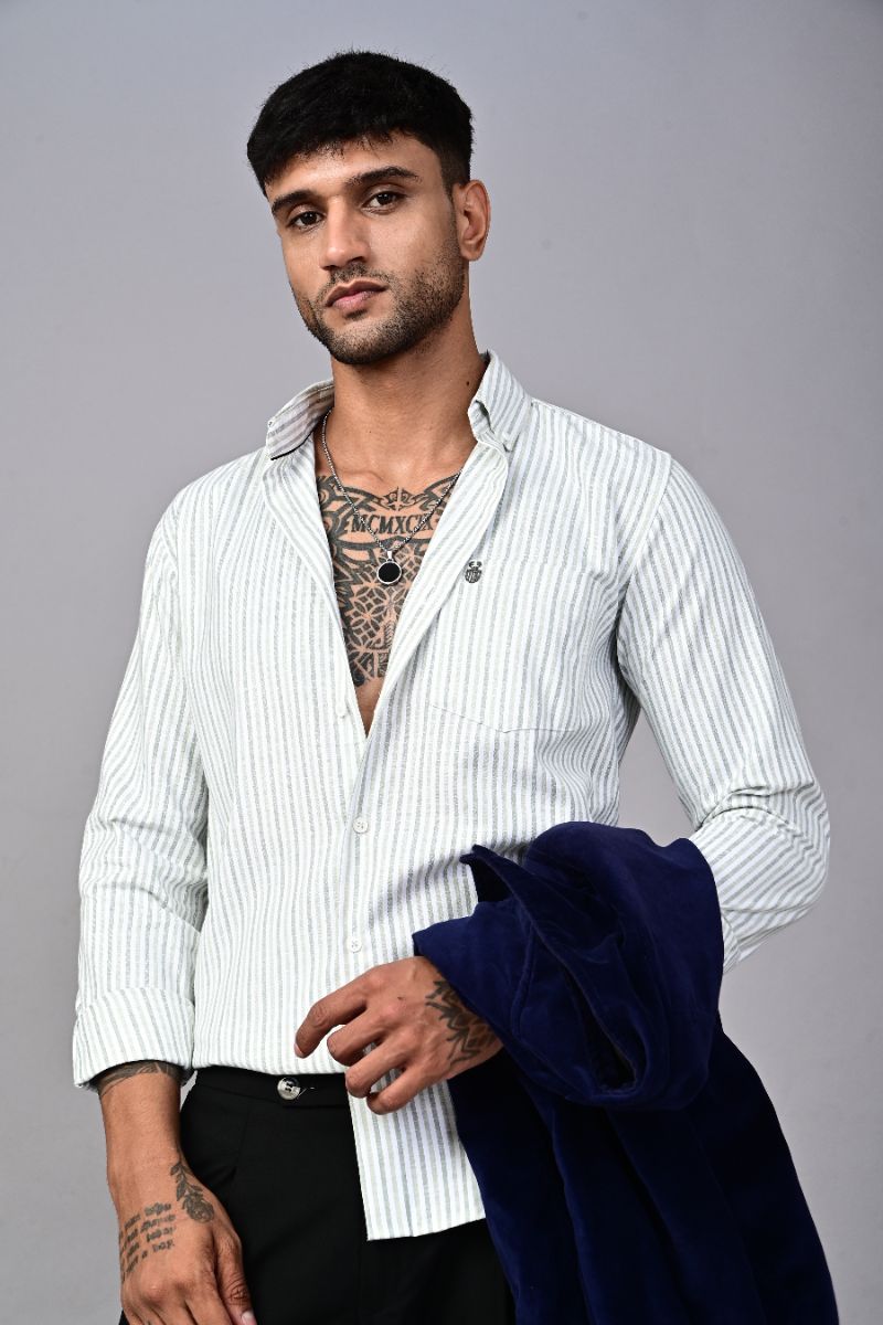 STAGBEETLE Olive Striped Cotton Shirt For Men
