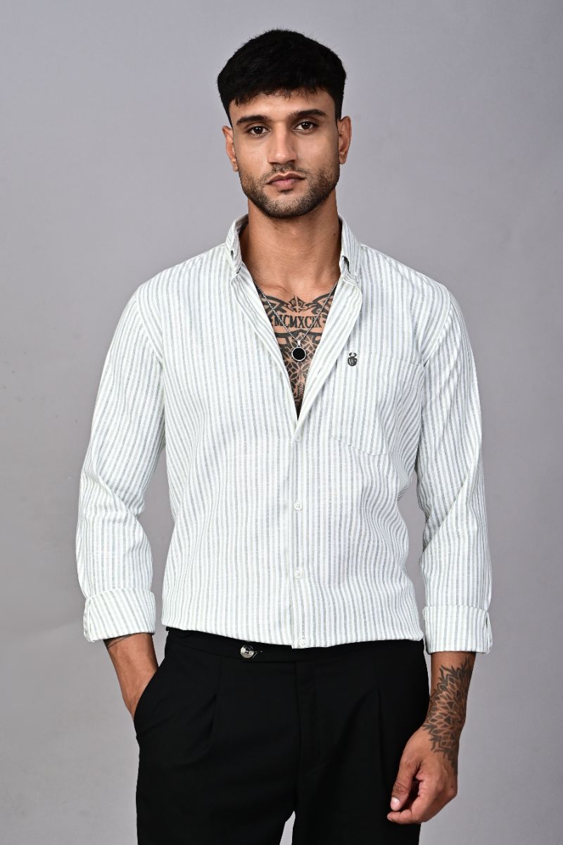 STAGBEETLE Olive Striped Cotton Shirt For Men view 2