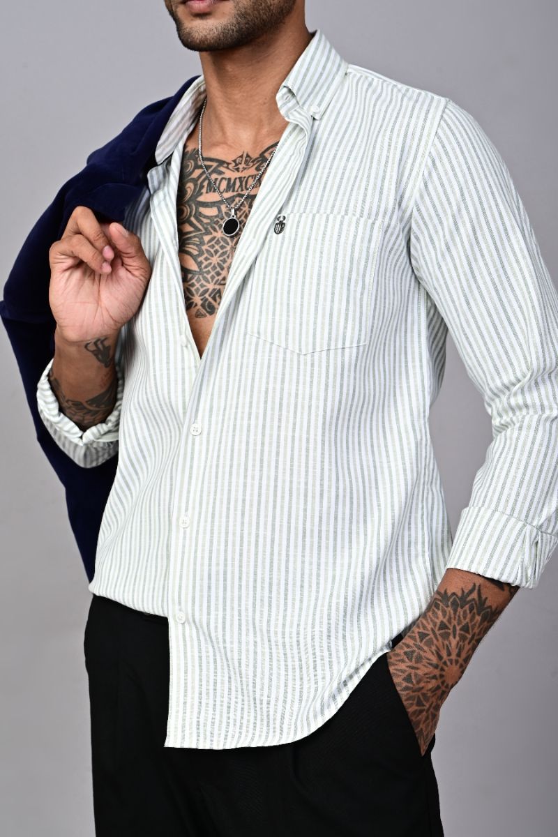 STAGBEETLE Olive Striped Cotton Shirt For Men view 4