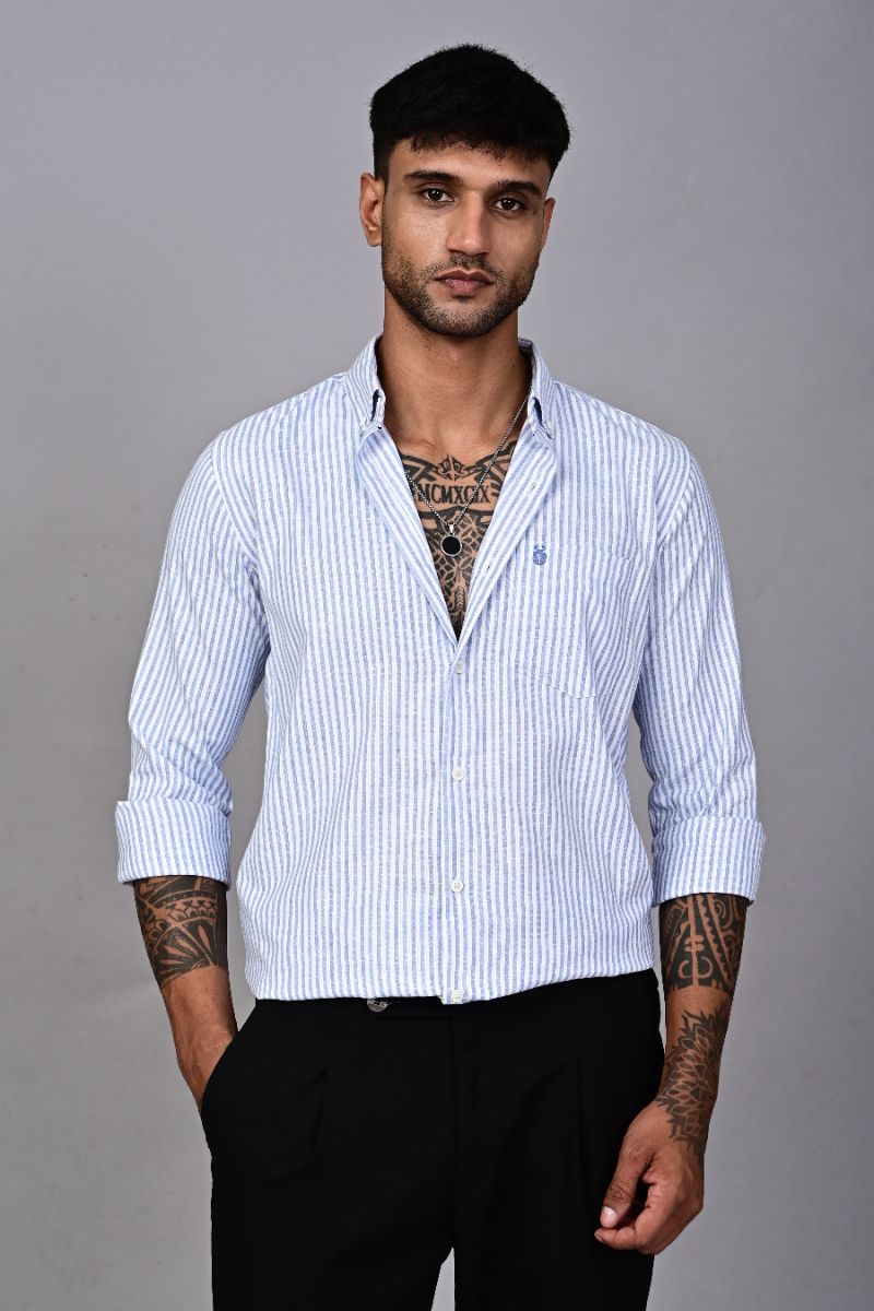 STAGBEETLE Sky Blue Striped Shirt For Men view 4