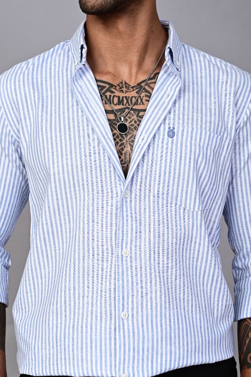 STAGBEETLE Sky Blue Striped Shirt For Men view 2