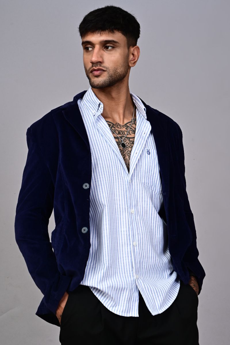 STAGBEETLE Sky Blue Striped Shirt For Men