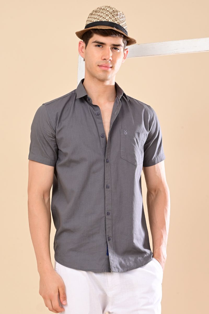 Stagbeetle Premium Charcoal Grey Linen Half-Sleeve Shirt