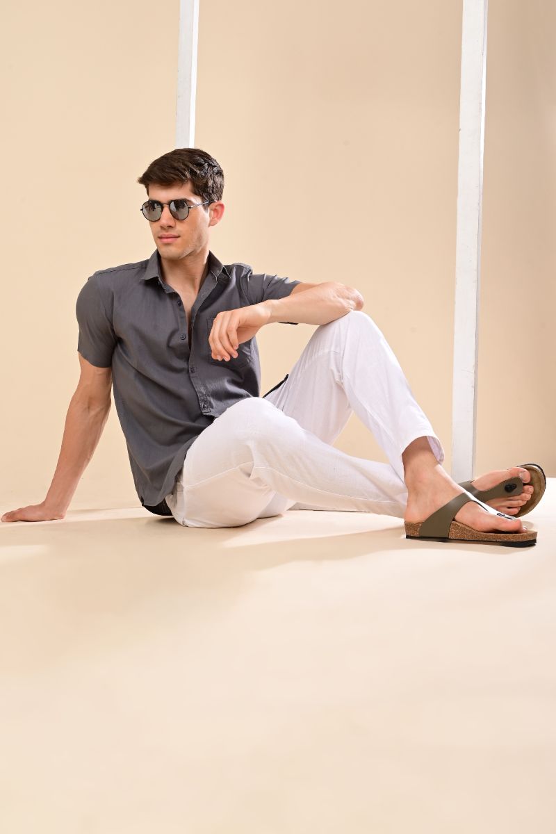 Stagbeetle Premium Charcoal Grey Linen Half-Sleeve Shirt view 3
