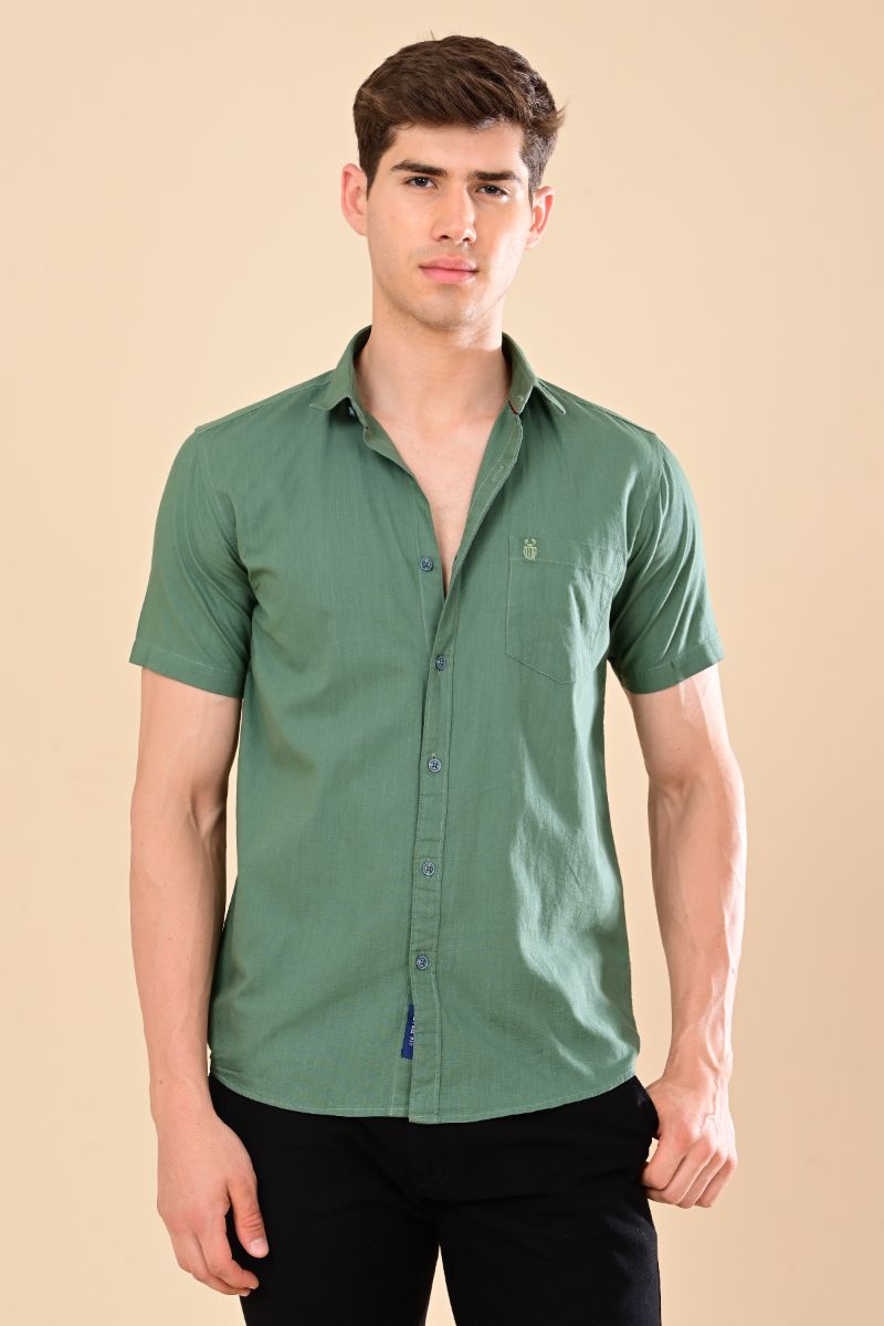 Stagbeetle Premium Light Green Linen Half-Sleeve Shirt