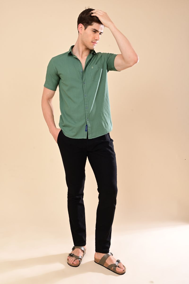 Stagbeetle Premium Light Green Linen Half-Sleeve Shirt view 3