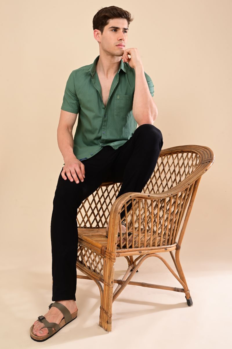 Stagbeetle Premium Light Green Linen Half-Sleeve Shirt view 5