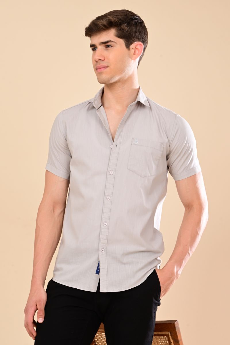 Stagbeetle Premium Soft Grey Linen Half-Sleeve Shirt
