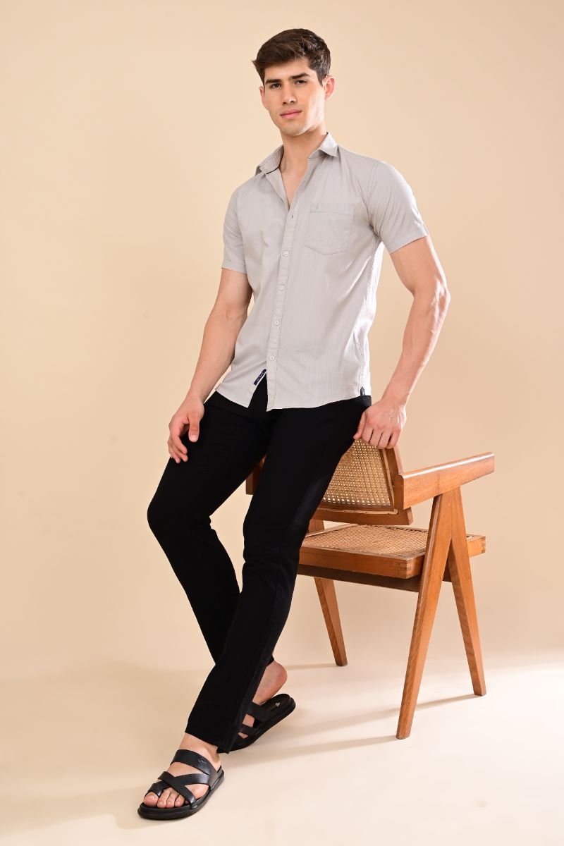 Stagbeetle Premium Soft Grey Linen Half-Sleeve Shirt view 3