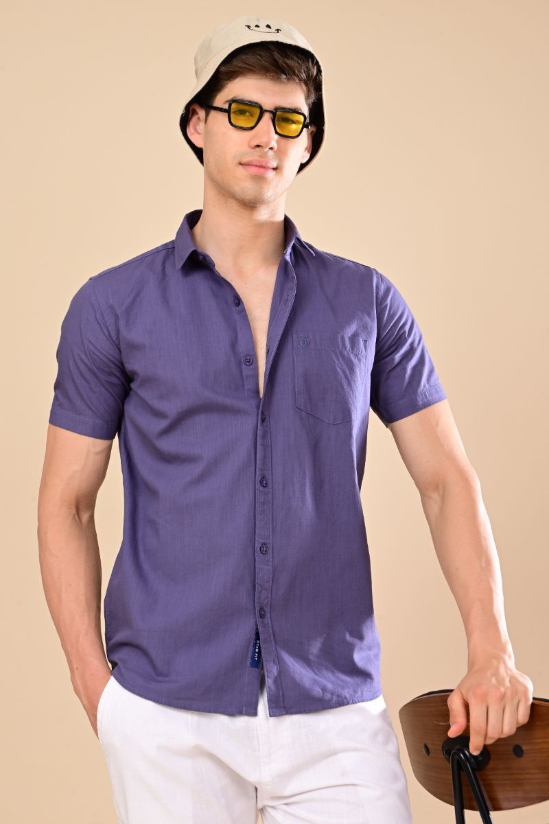 Stagbeetle Premium Royal Purple Linen Half-Sleeve Shirt view 5
