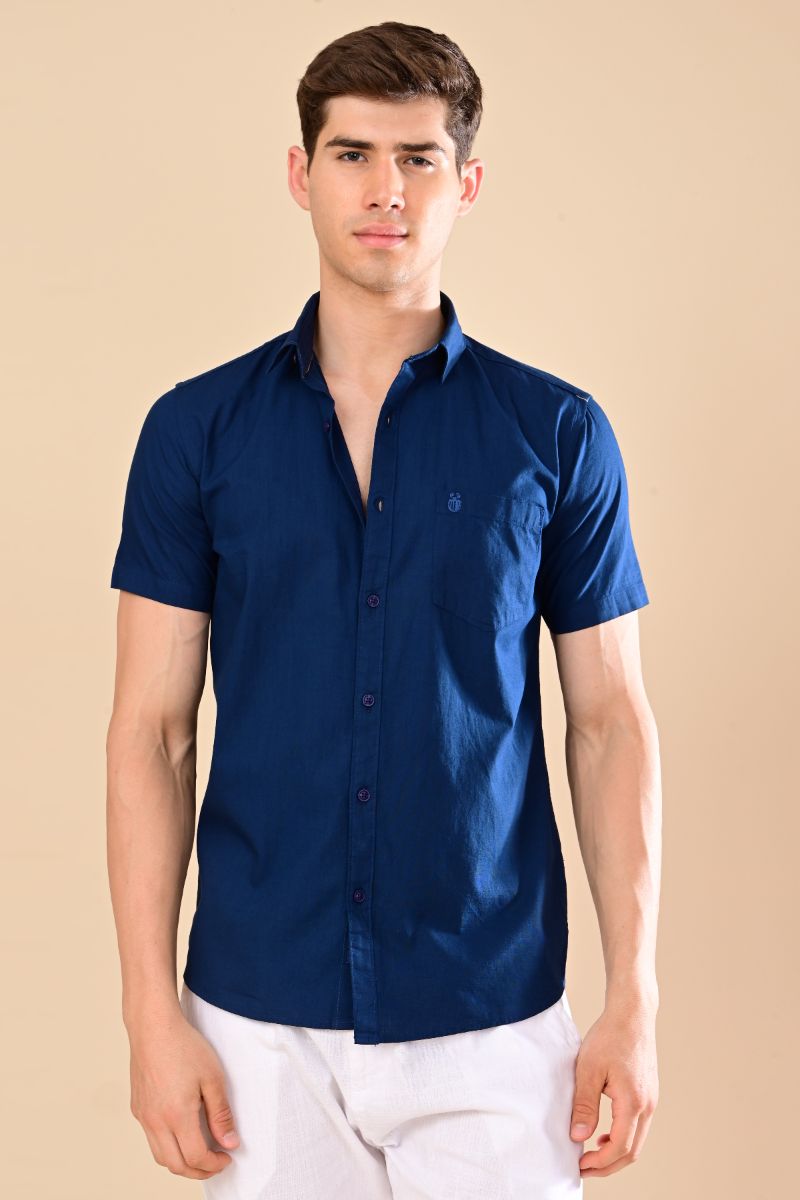 Stagbeetle Premium Deep Navy Blue Linen Half-Sleeve Shirt