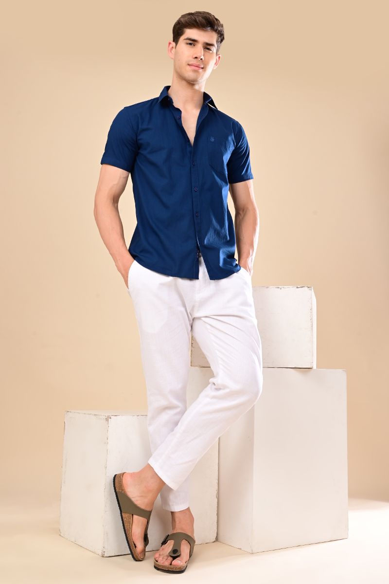 Stagbeetle Premium Deep Navy Blue Linen Half-Sleeve Shirt view 3
