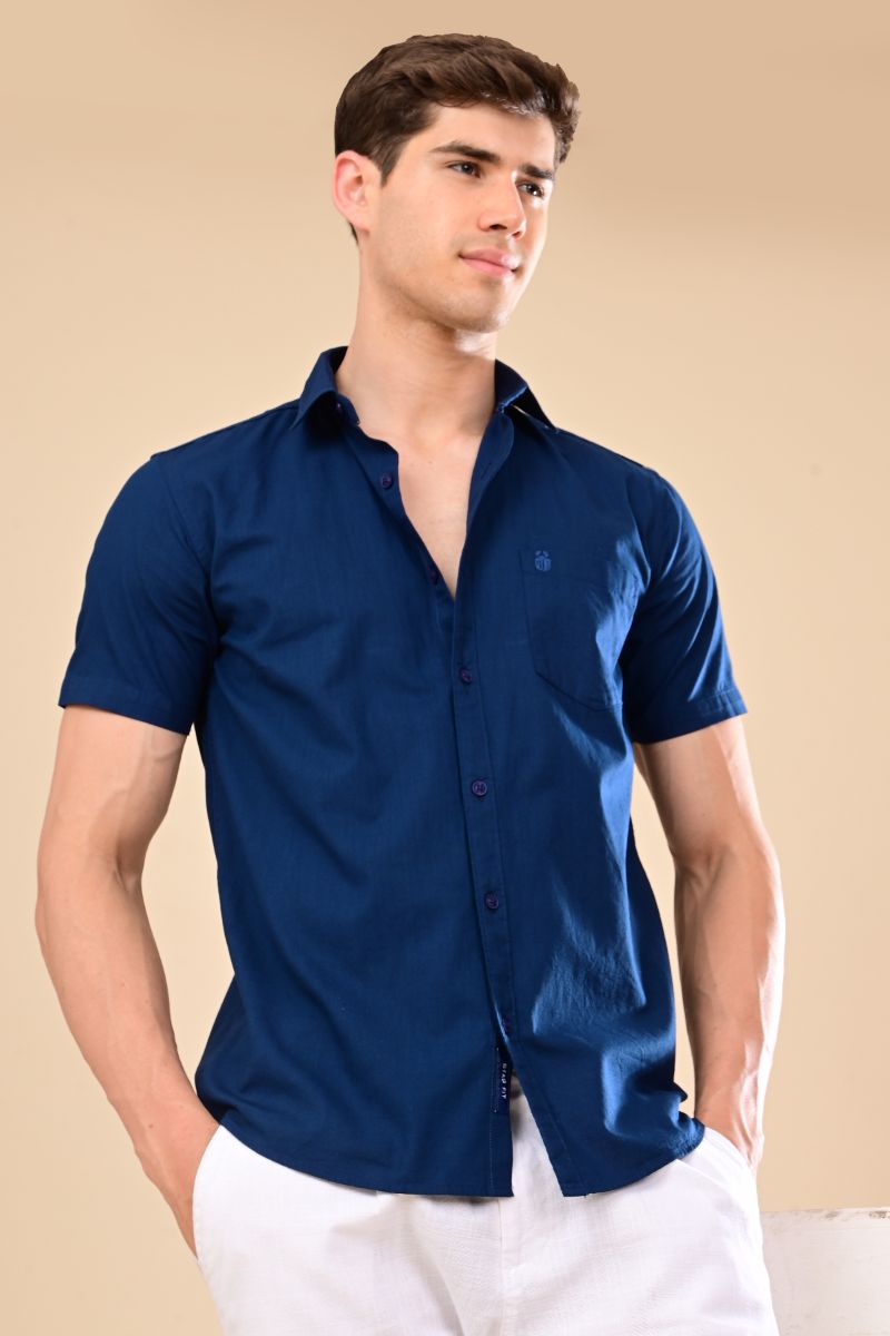 Stagbeetle Premium Deep Navy Blue Linen Half-Sleeve Shirt view 5