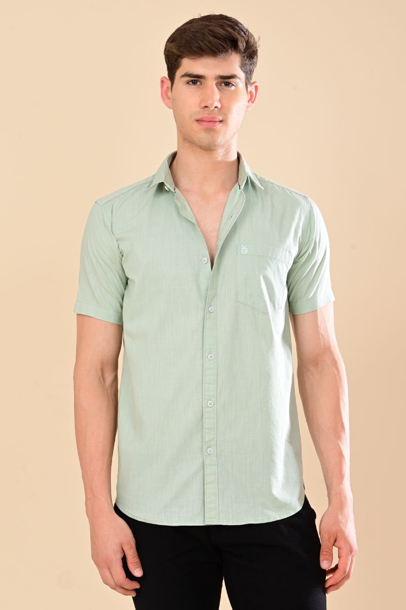 Stagbeetle Signature Pista Green Linen Half-Sleeve Shirt