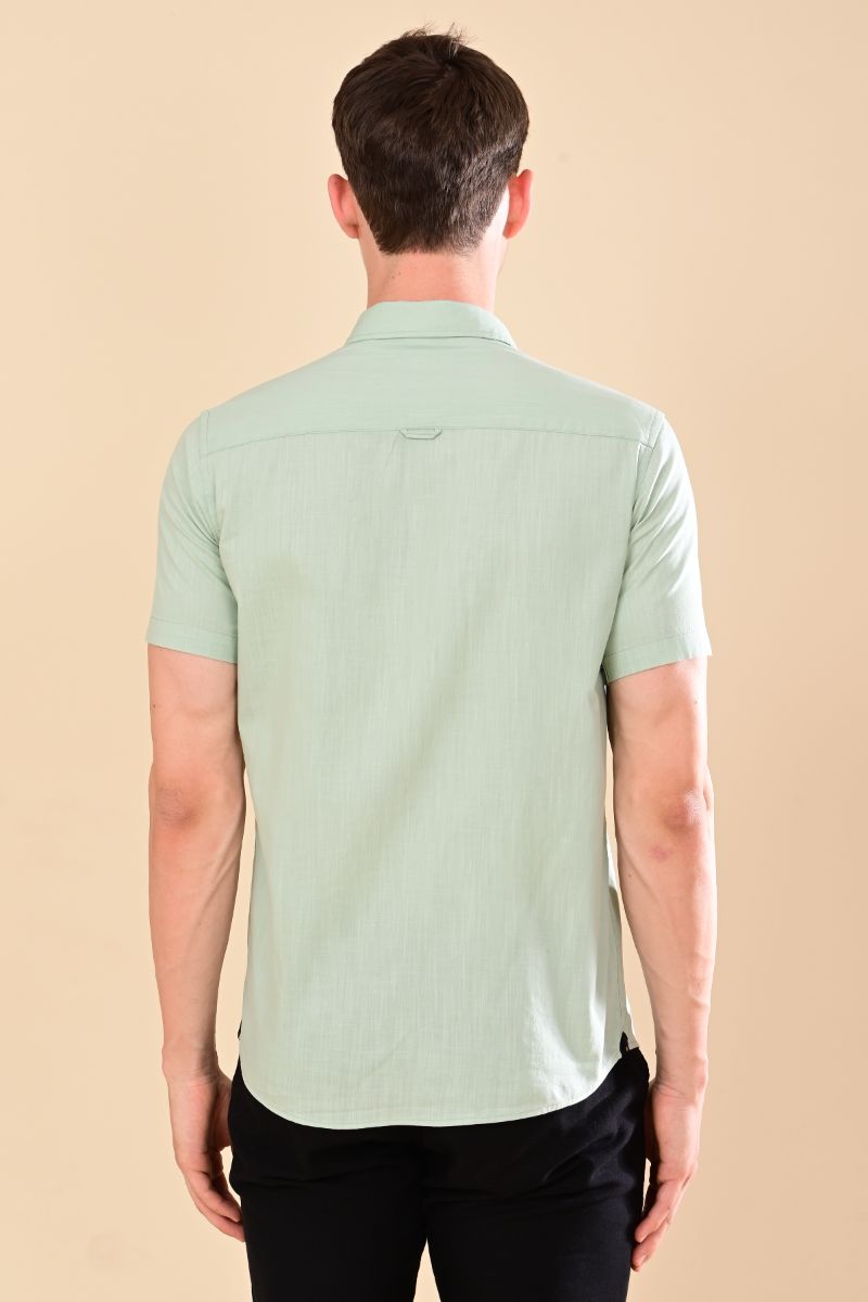 Stagbeetle Signature Pista Green Linen Half-Sleeve Shirt view 2
