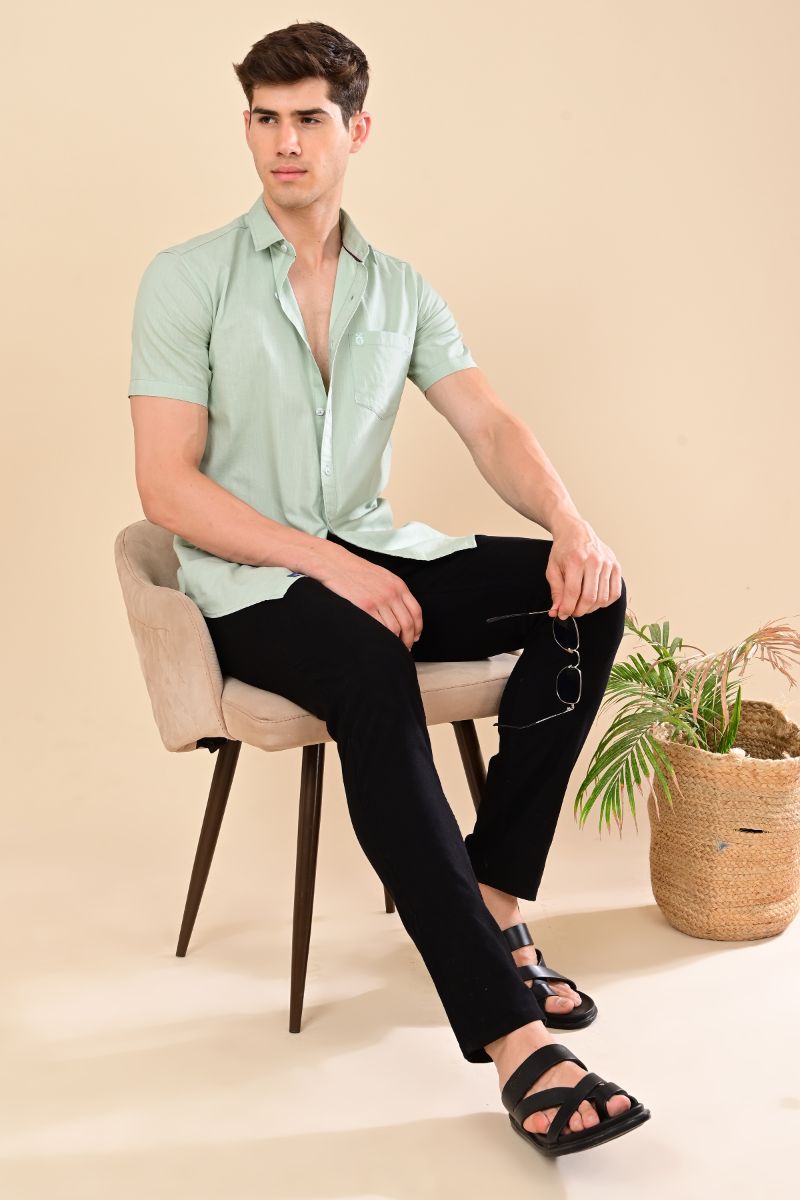 Stagbeetle Signature Pista Green Linen Half-Sleeve Shirt view 3