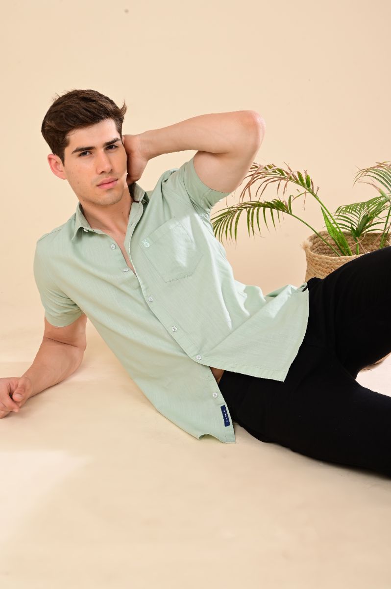 Stagbeetle Signature Pista Green Linen Half-Sleeve Shirt view 5