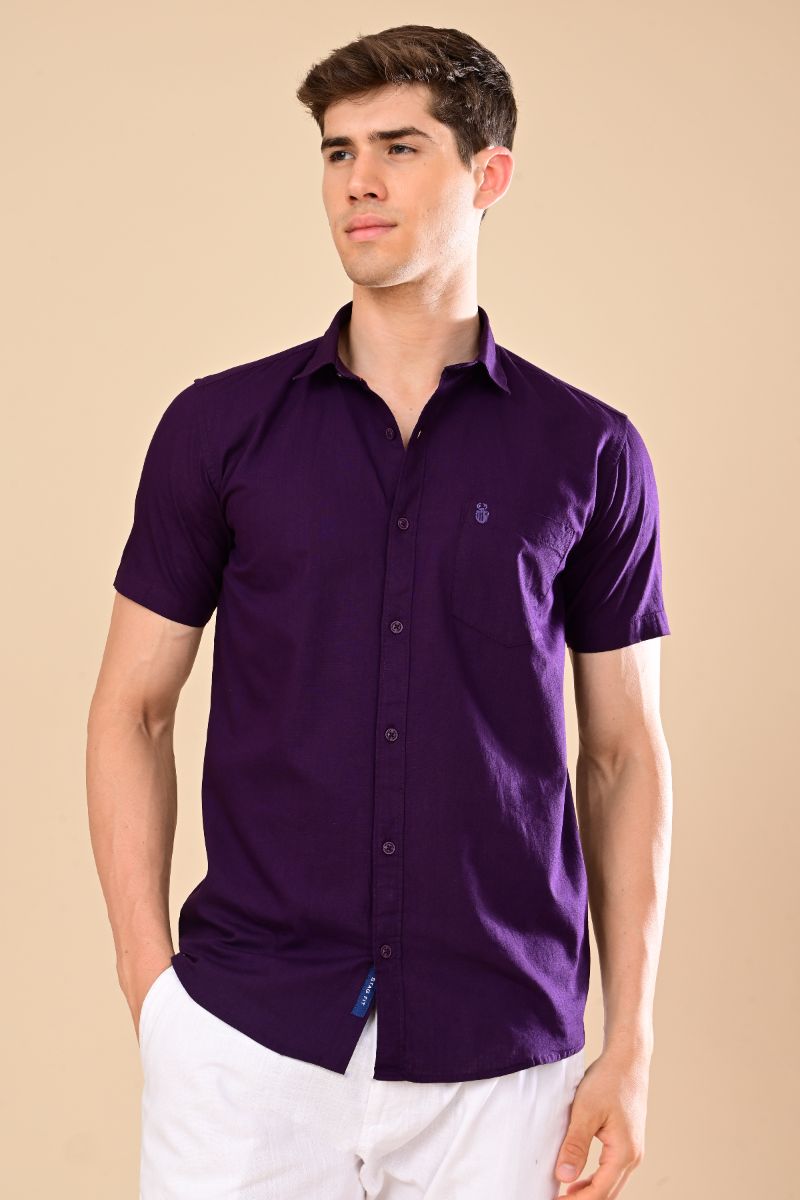 Stagbeetle Premium Deep Purple Linen Half-Sleeve Shirt