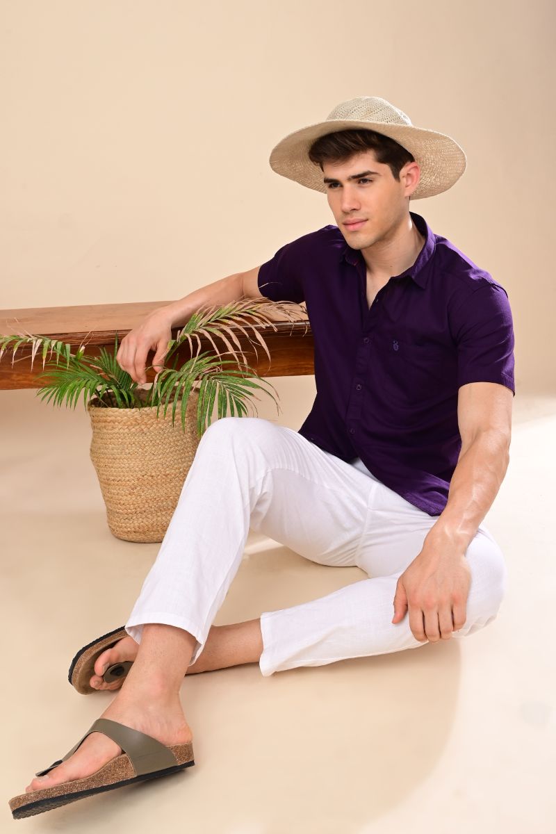 Stagbeetle Premium Deep Purple Linen Half-Sleeve Shirt view 3