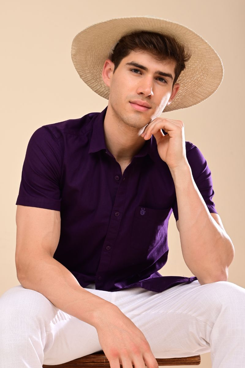 Stagbeetle Premium Deep Purple Linen Half-Sleeve Shirt view 4