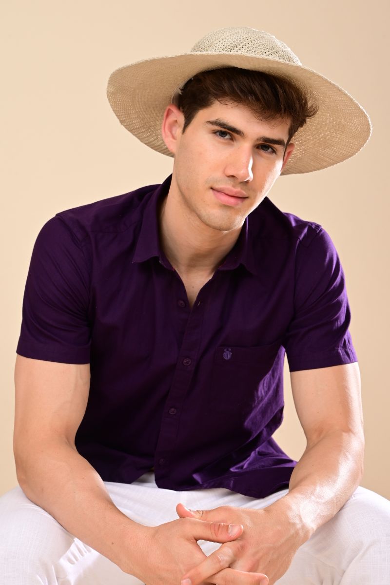 Stagbeetle Premium Deep Purple Linen Half-Sleeve Shirt view 5