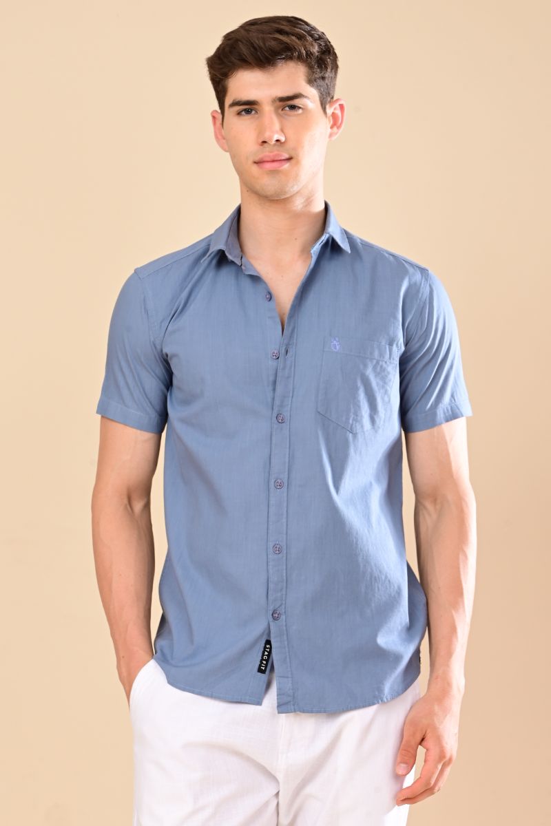 Stagbeetle Premium Breezy Sky Blue Linen Half-Sleeve Shirt