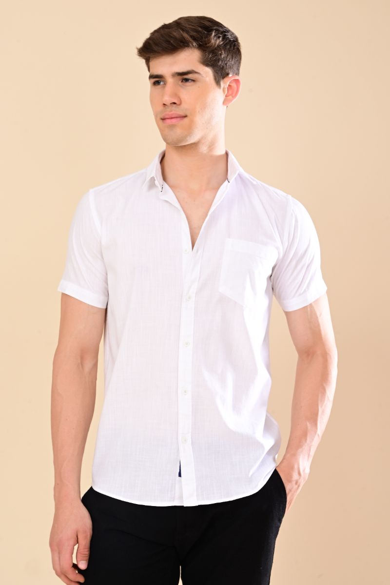 Stagbeetle Premium Crisp White Linen Half-Sleeve Shirt