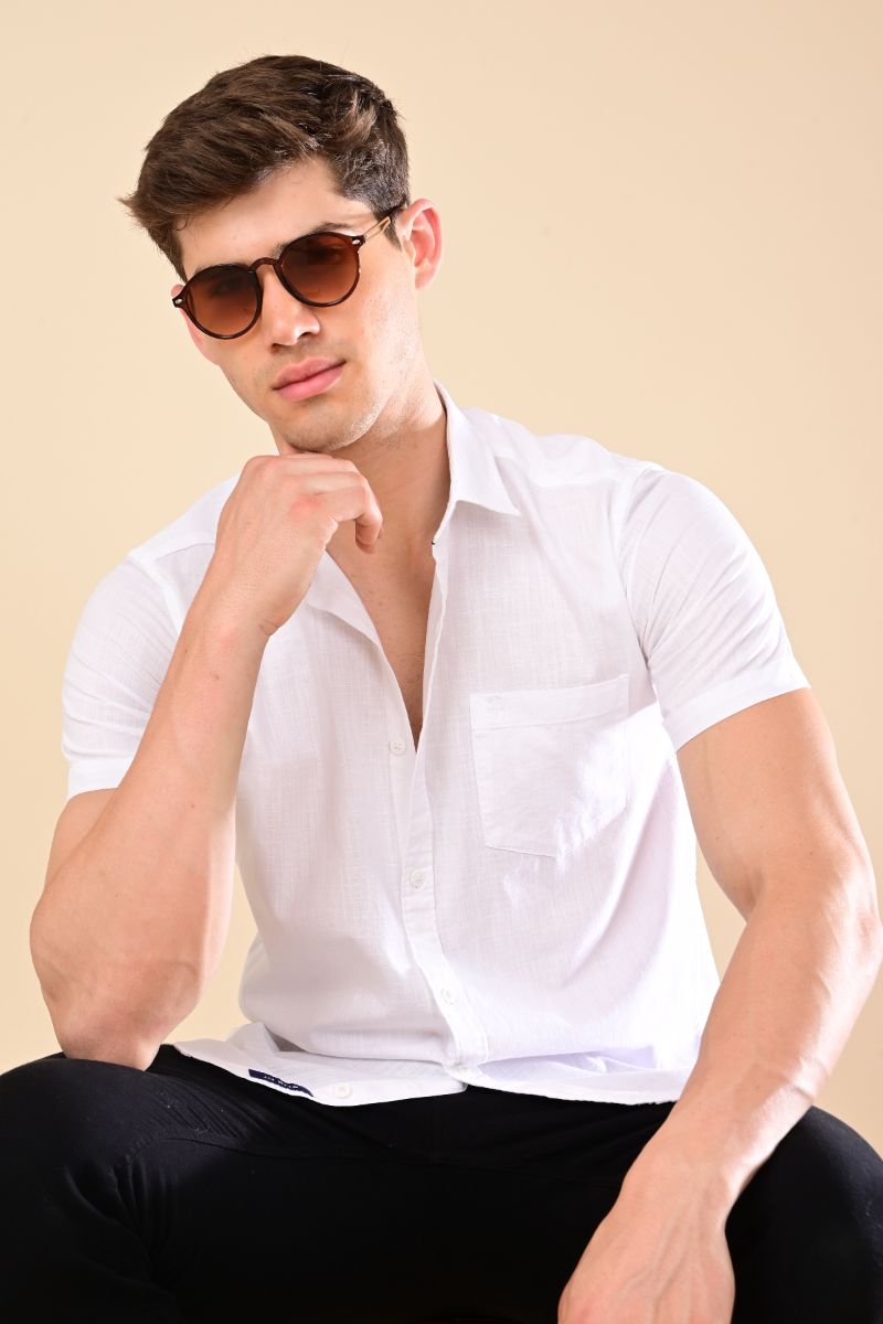 Stagbeetle Premium Crisp White Linen Half-Sleeve Shirt view 4