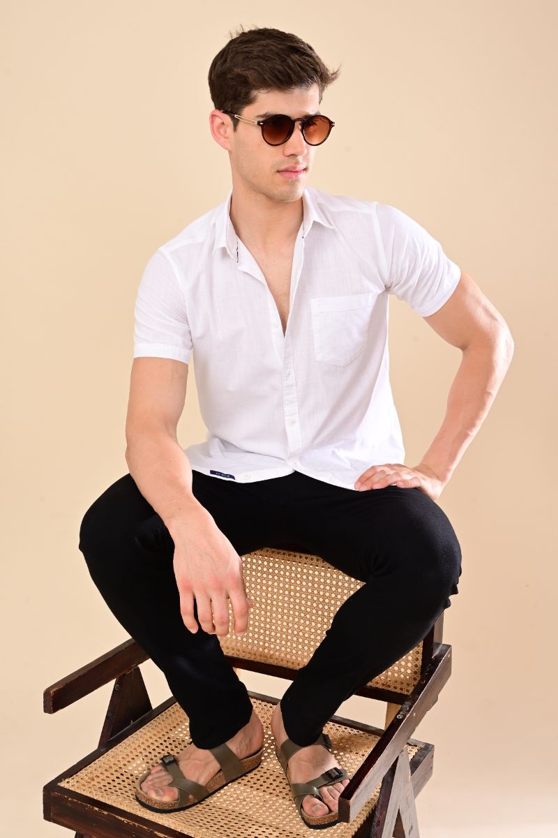 Stagbeetle Premium Crisp White Linen Half-Sleeve Shirt view 5