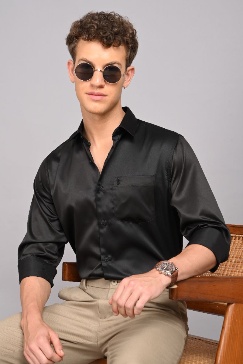 Stagbeetle Black Satin Full-Sleeve Shirt
