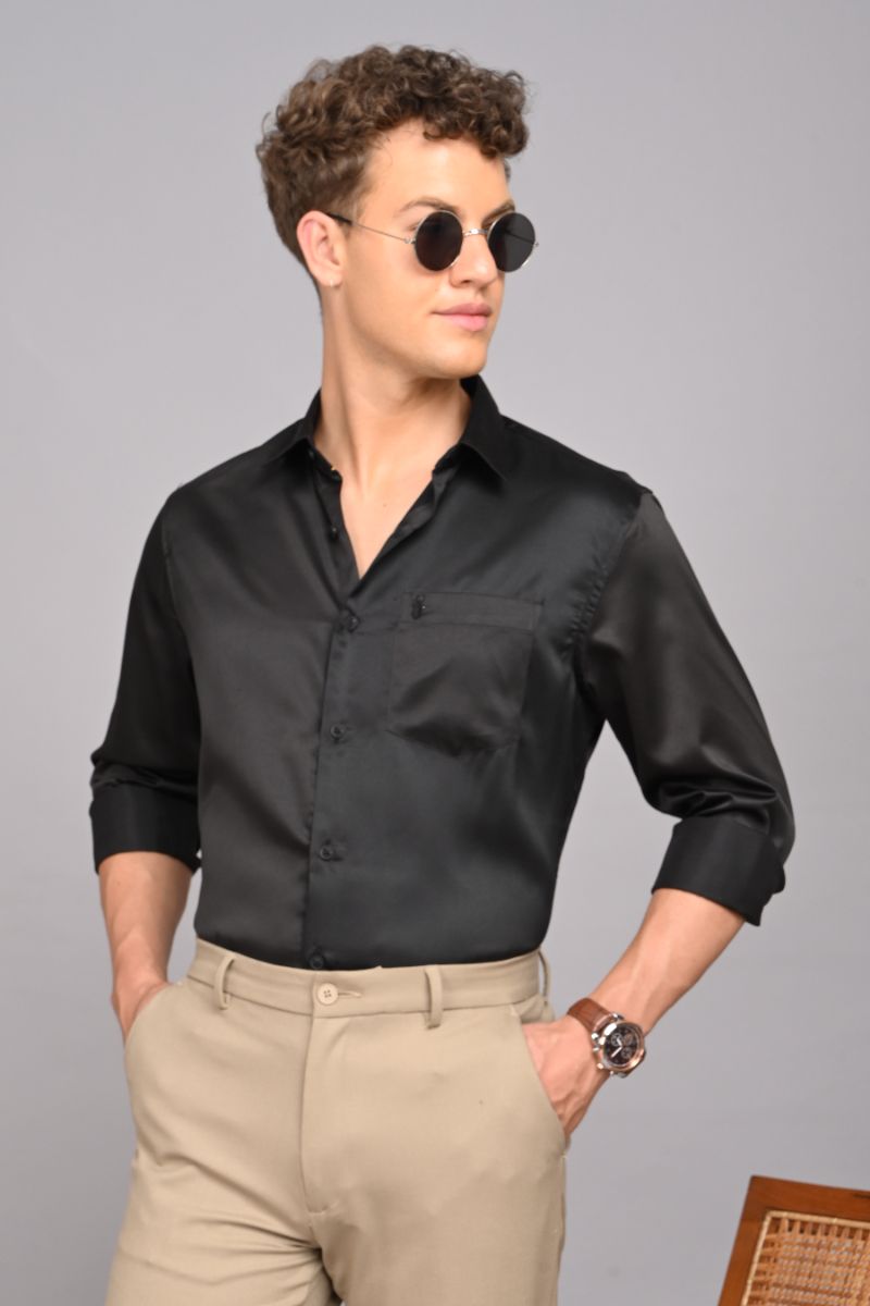Stagbeetle Black Satin Full-Sleeve Shirt view 4