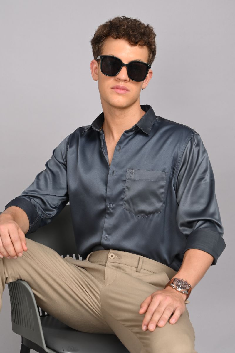 Stagbeetle Dark Grey Satin Full-Sleeve Shirt