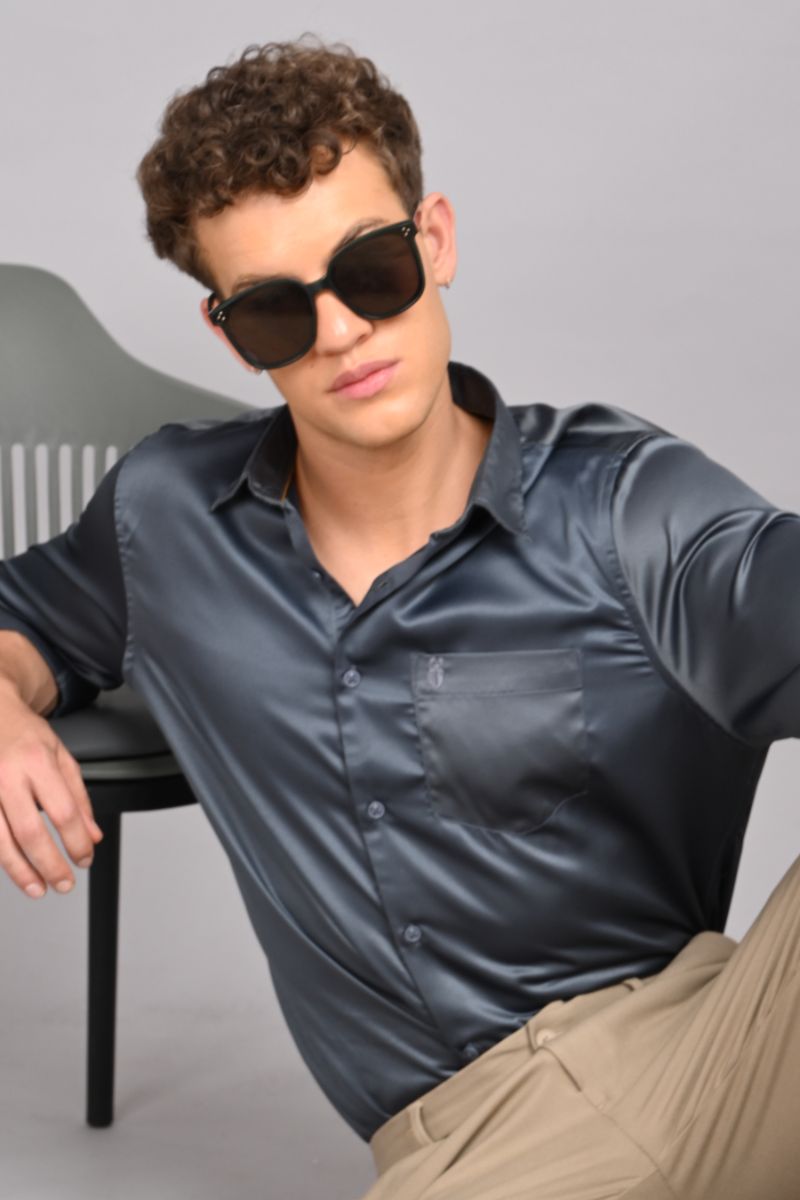 Stagbeetle Dark Grey Satin Full-Sleeve Shirt view 3